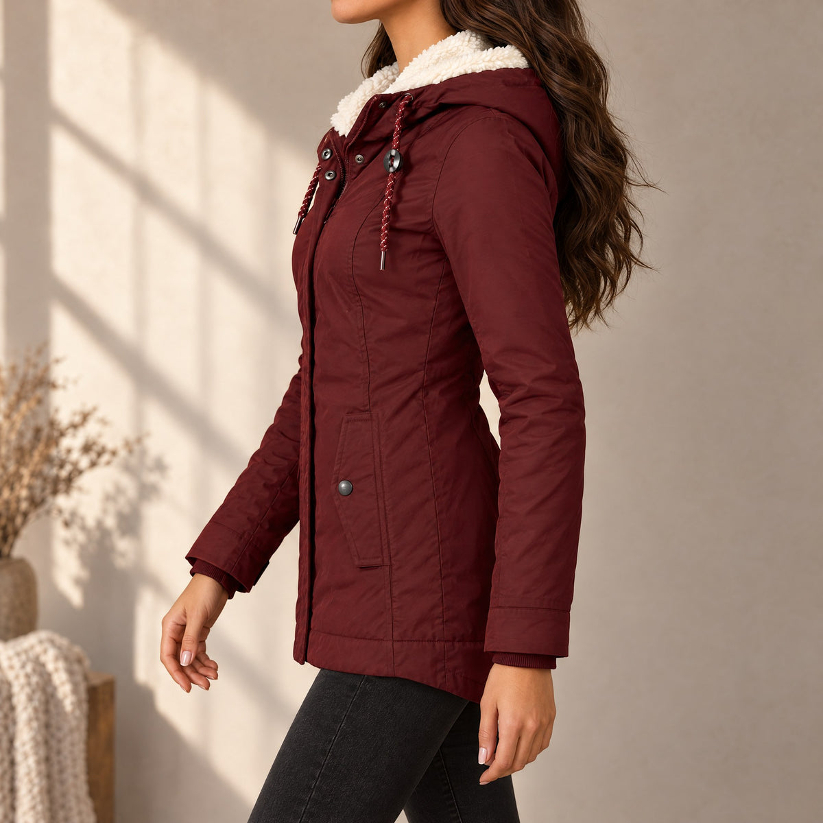 Ottavia hooded parka jacket in wine red, side view
