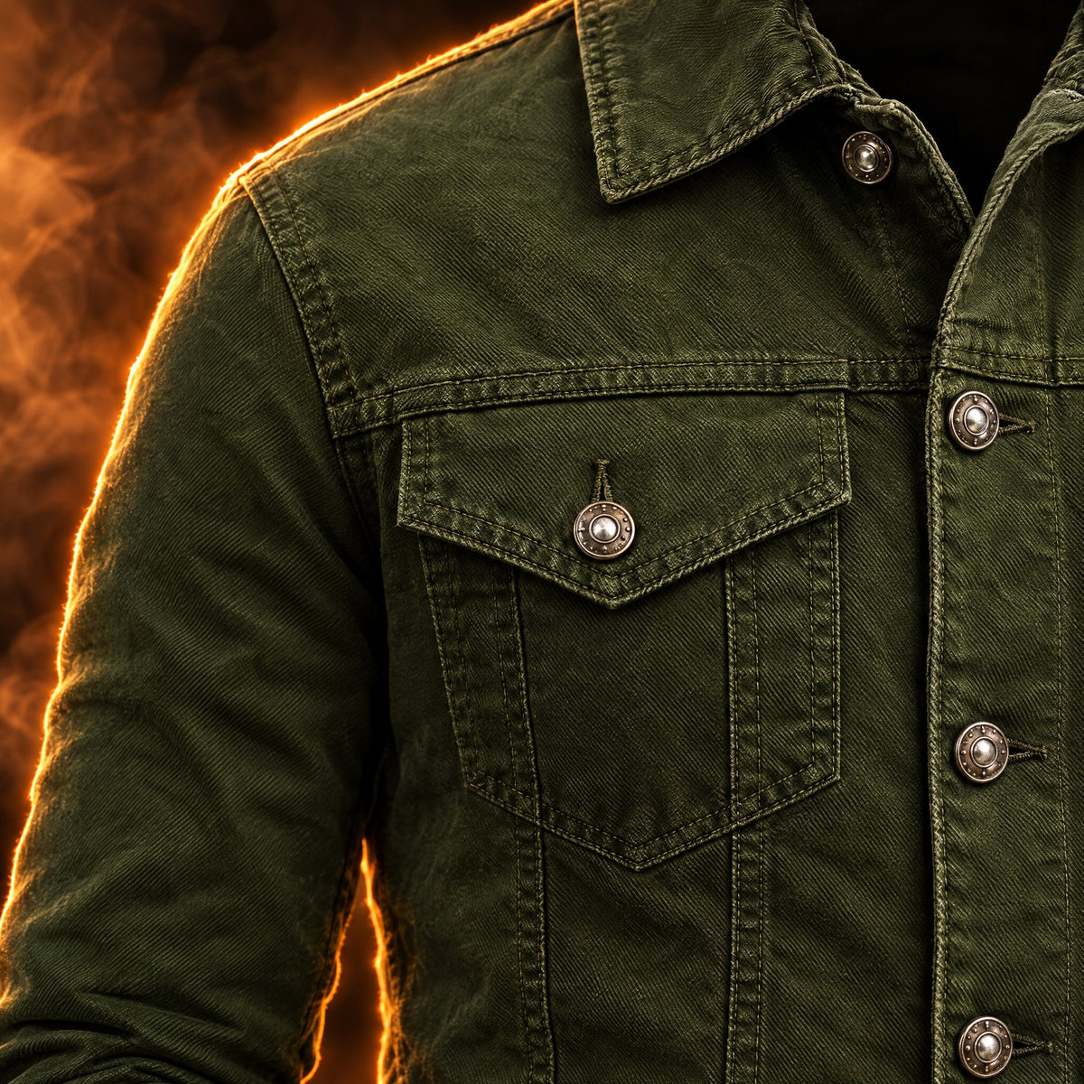 Renzo trucker jacket close-up of the buttoned flap chest pocket