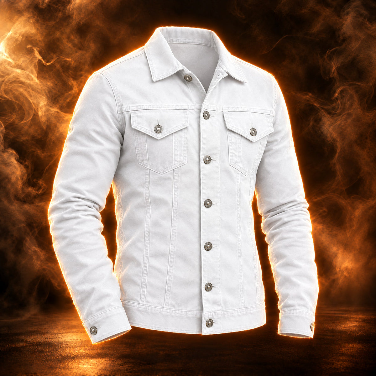 Renzo slim fit button up trucker jacket for men in white, front view