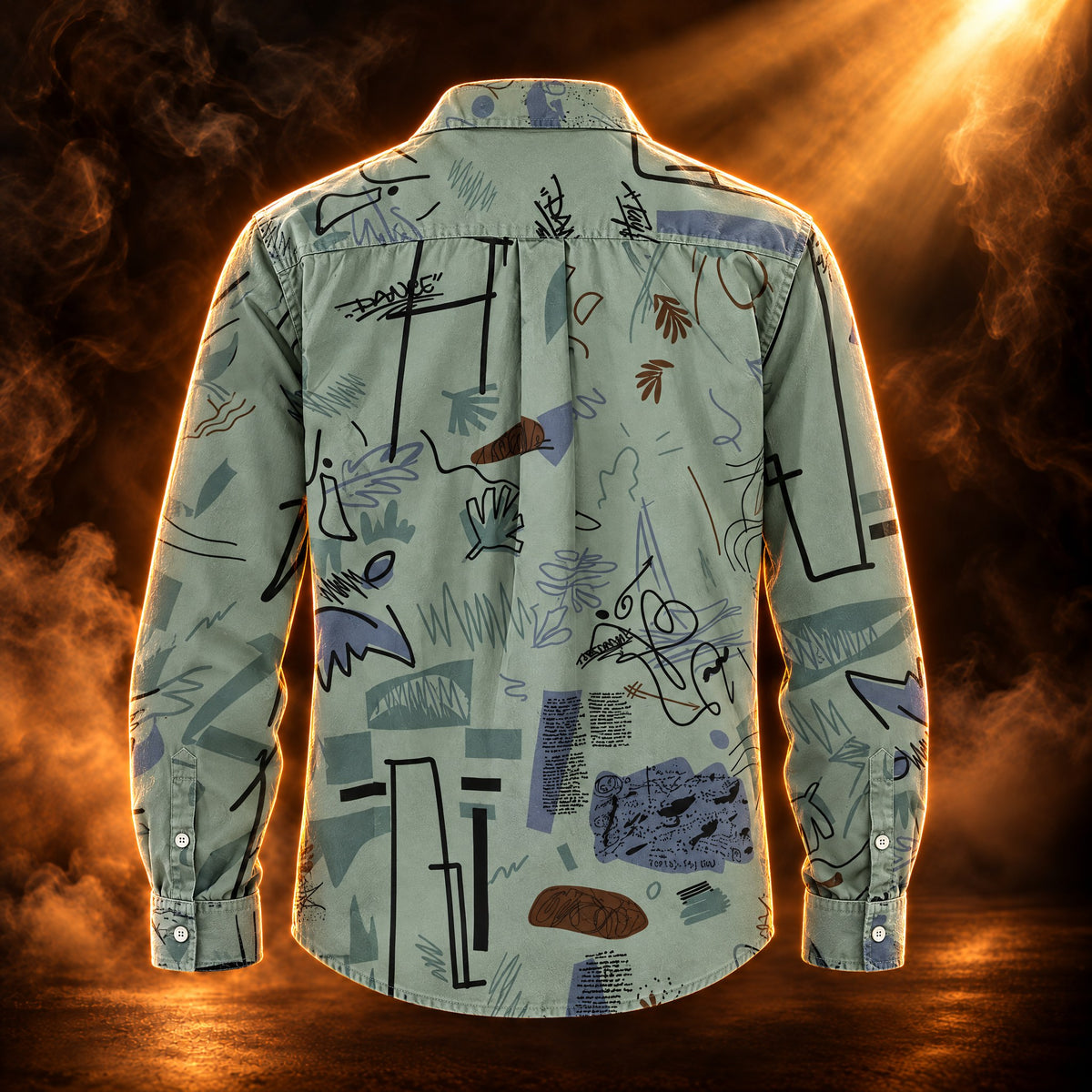 Riccardo abstract print long sleeve button up shirt for men in green, back view