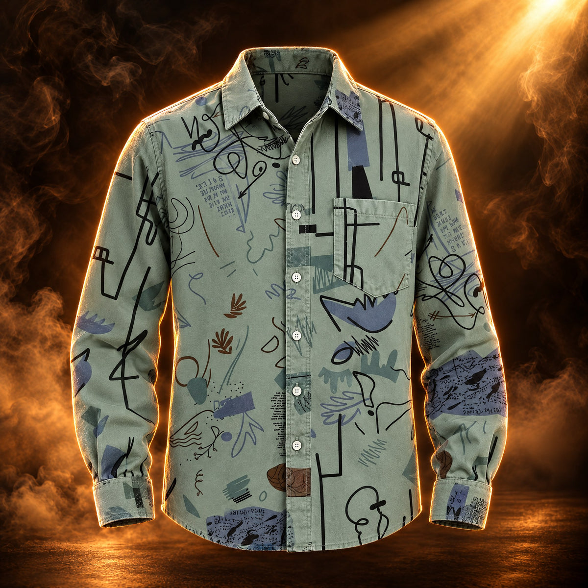 Riccardo abstract print long sleeve button up shirt for men in green, front view