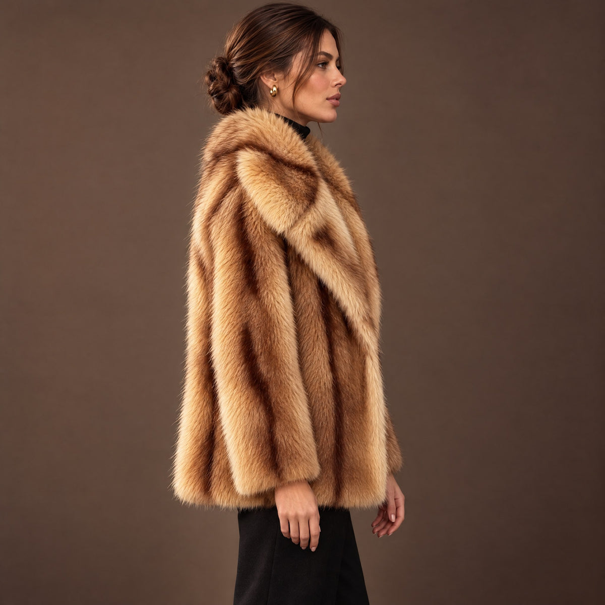 Sabine striped faux fur jacket in honey, side view