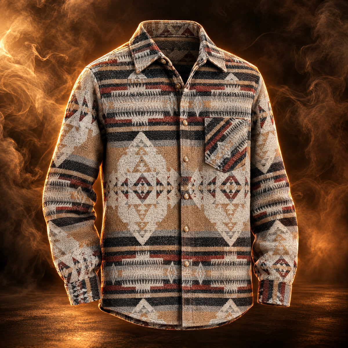 Santino Aztec Print Button Up Shirt Jacket for Men in camel, front view
