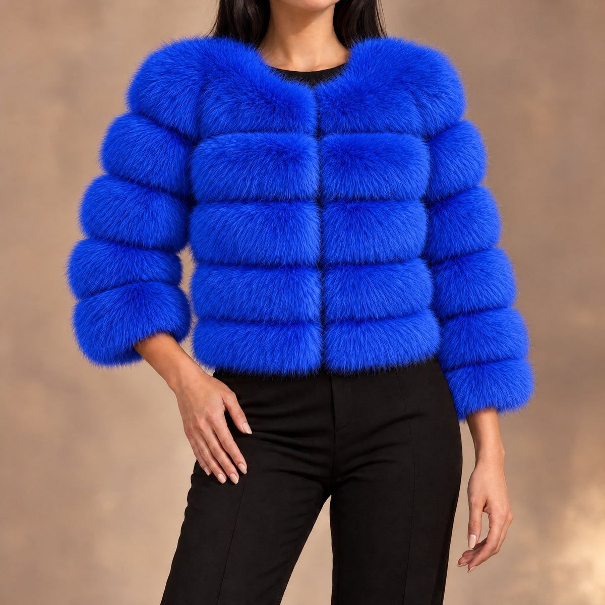 Seraphina tiered faux fur cropped jacket in blue