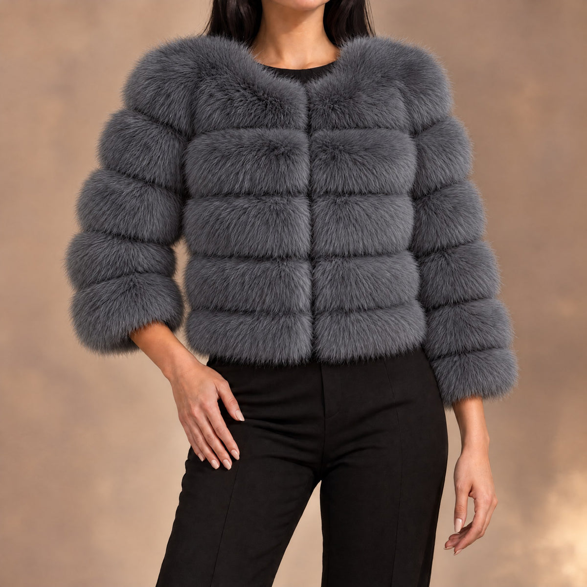 Seraphina tiered faux fur cropped jacket in dark gray