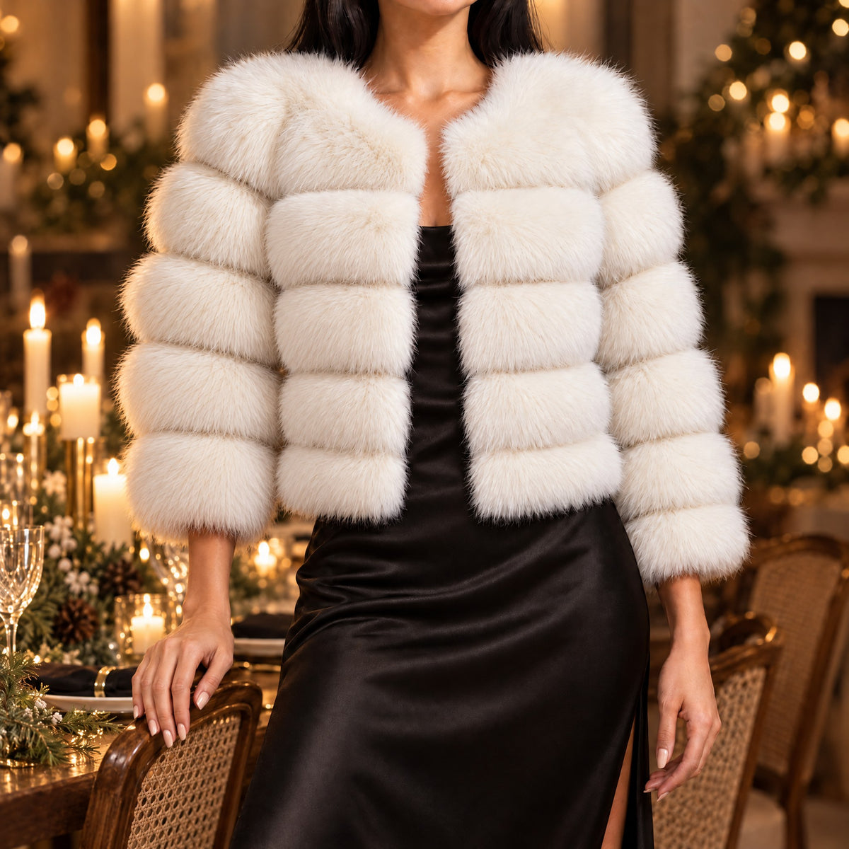 Woman at a holiday dinner in the Seraphina jacket