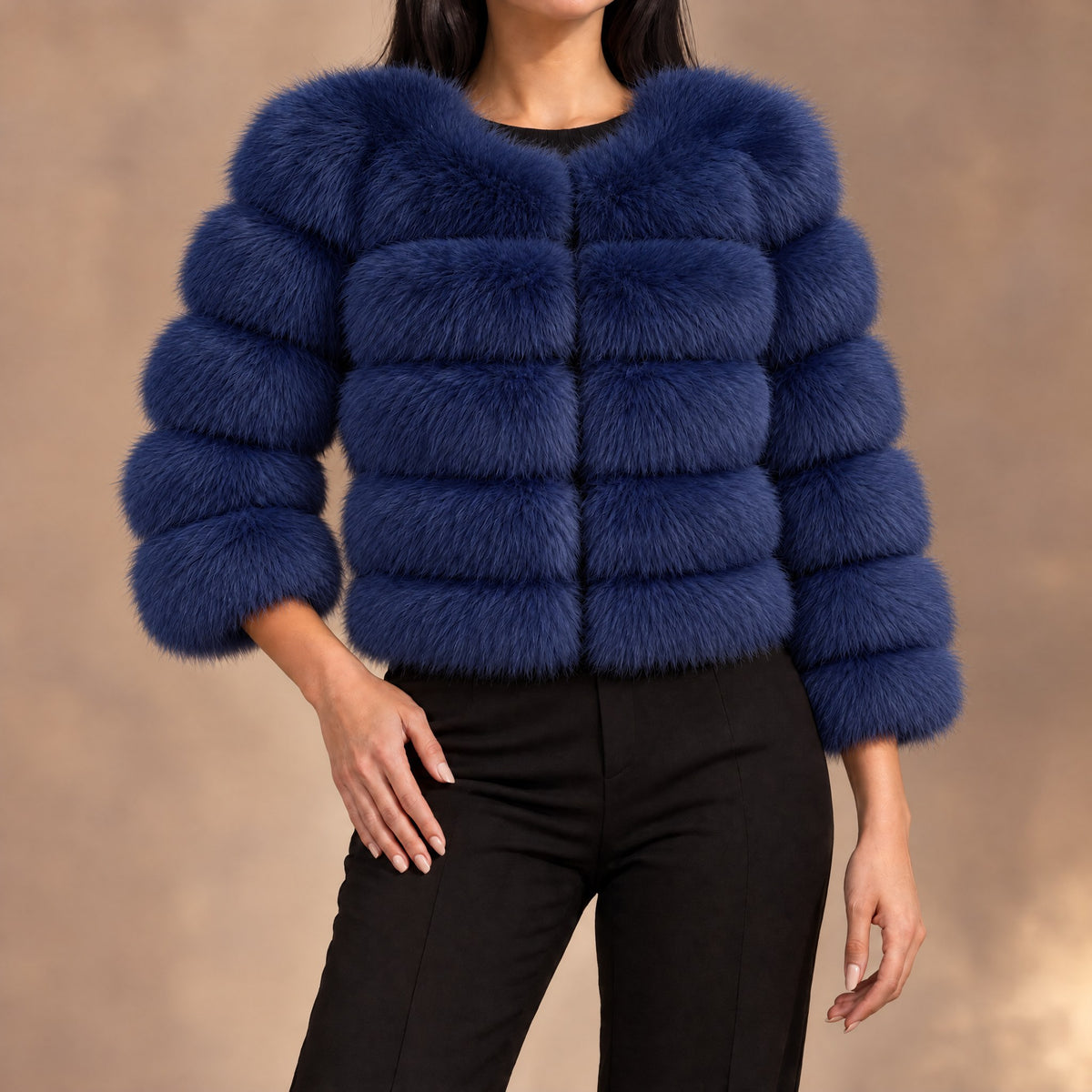 Seraphina tiered faux fur cropped jacket in navy blue