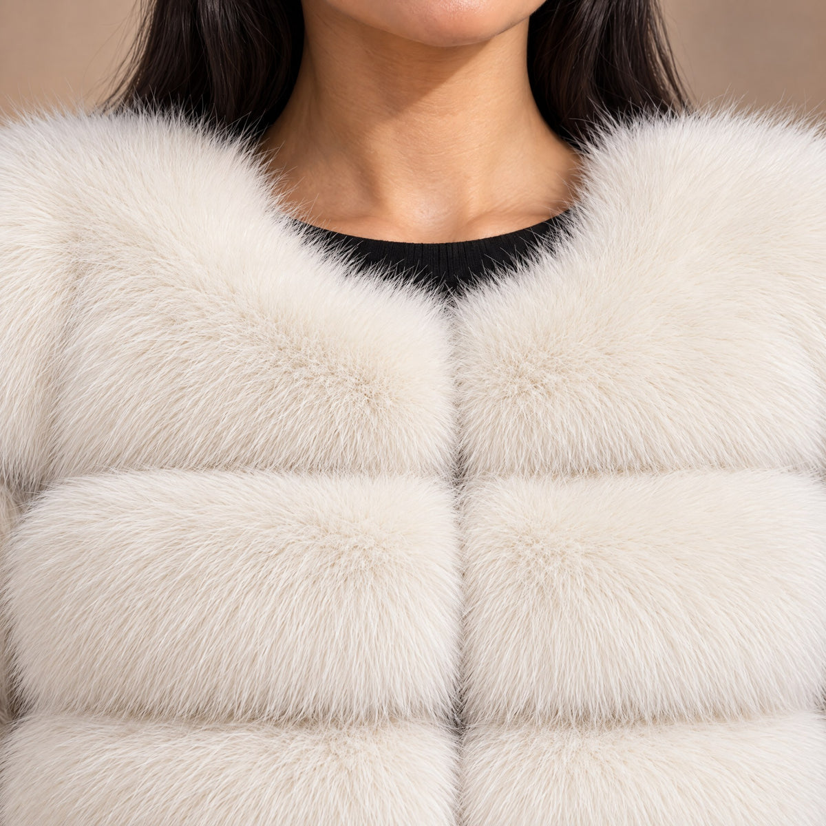 Collarless round neckline and front edge of the Seraphina jacket