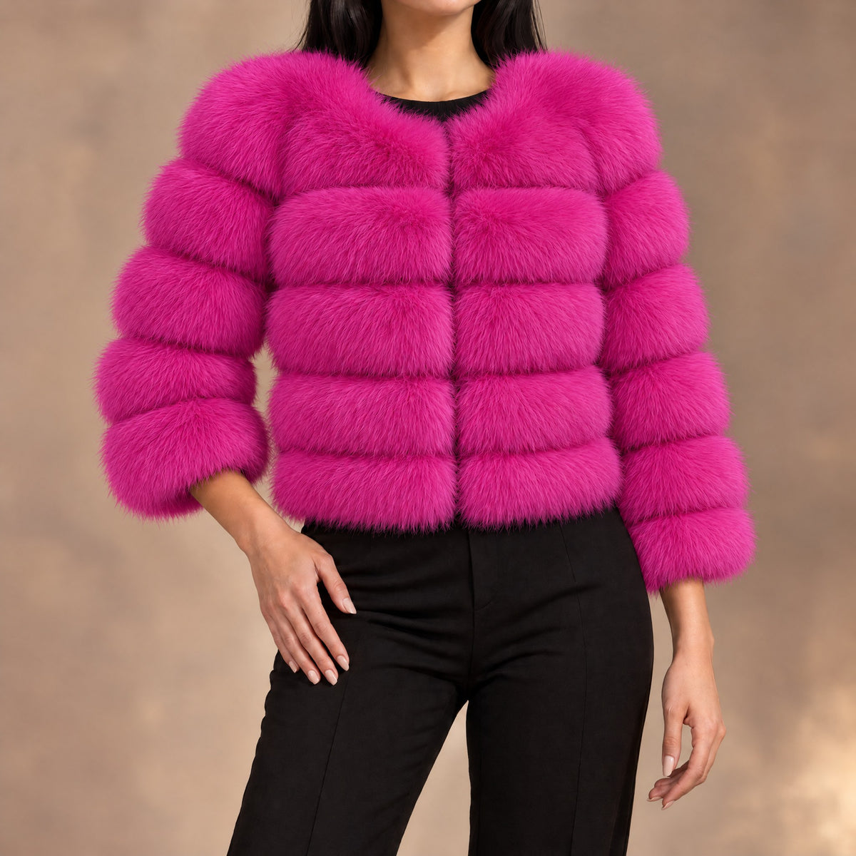 Seraphina tiered faux fur cropped jacket in rose red