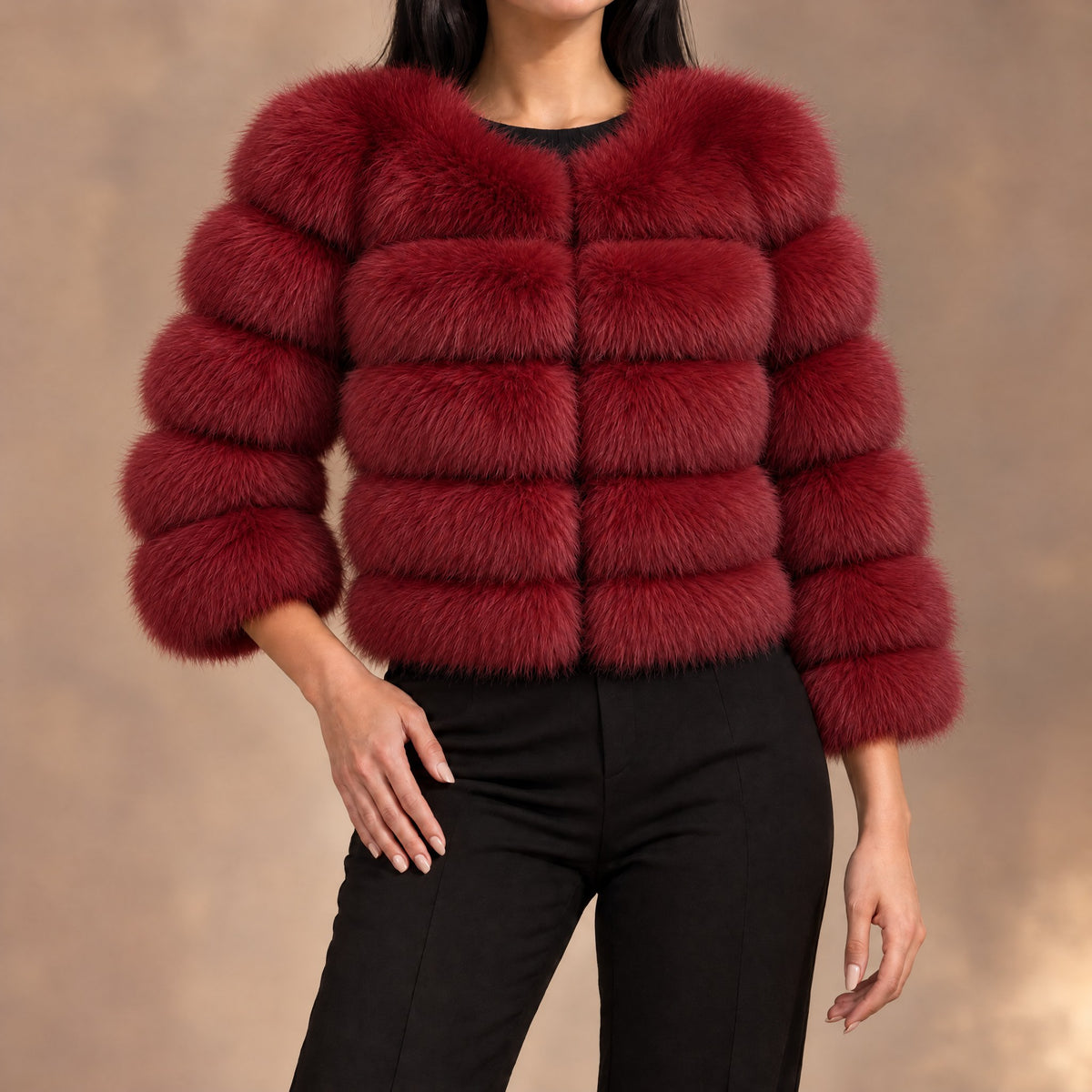 Seraphina tiered faux fur cropped jacket in wine red