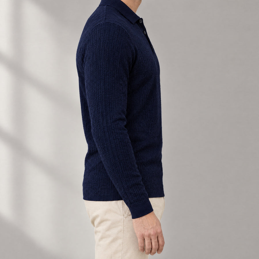 Vittorio Men's Long Sleeve Textured Knit Polo Shirt