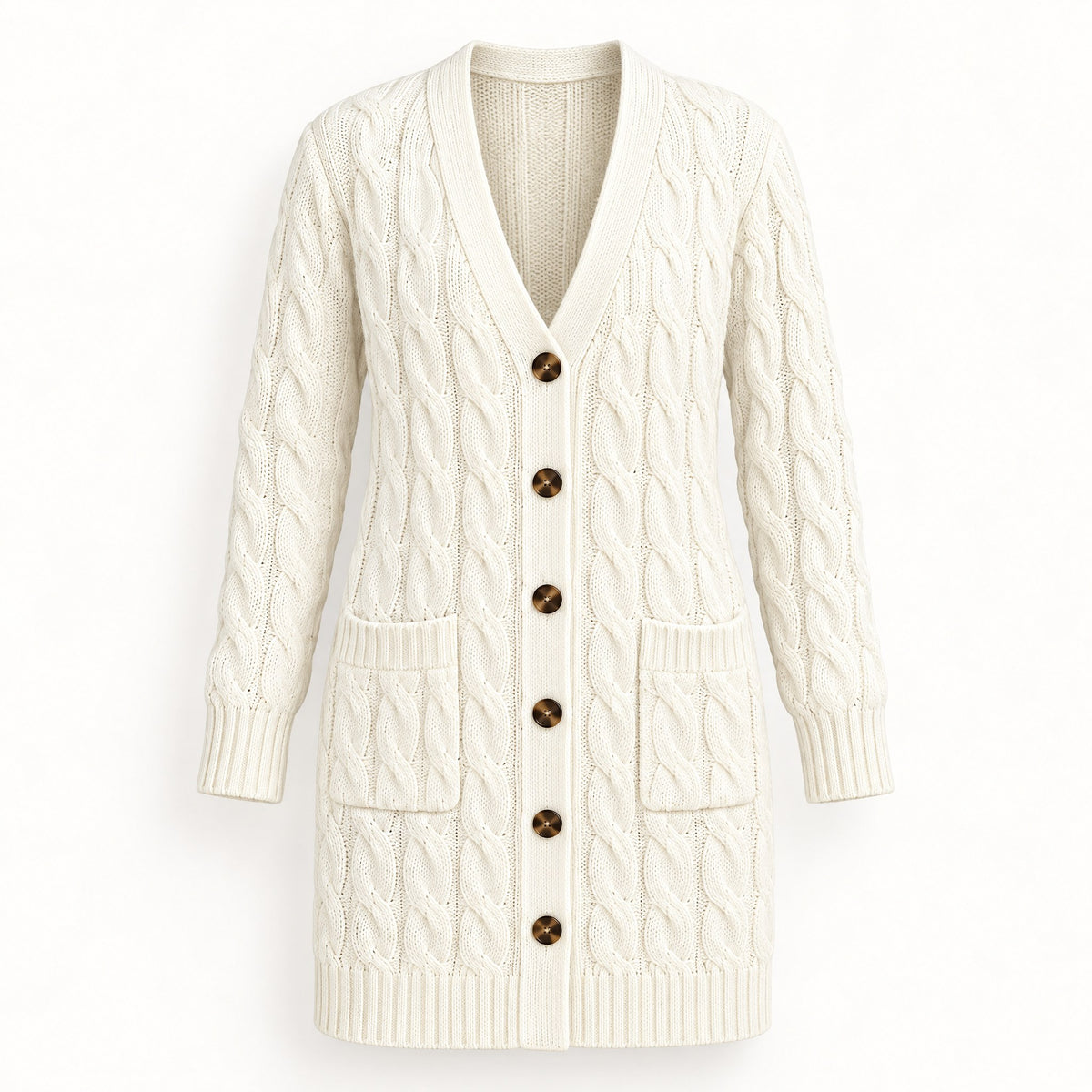 Valentina long cable knit button cardigan in cream white
