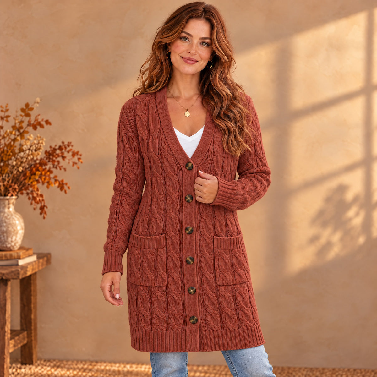 Valentina long cable knit cardigan in terracotta