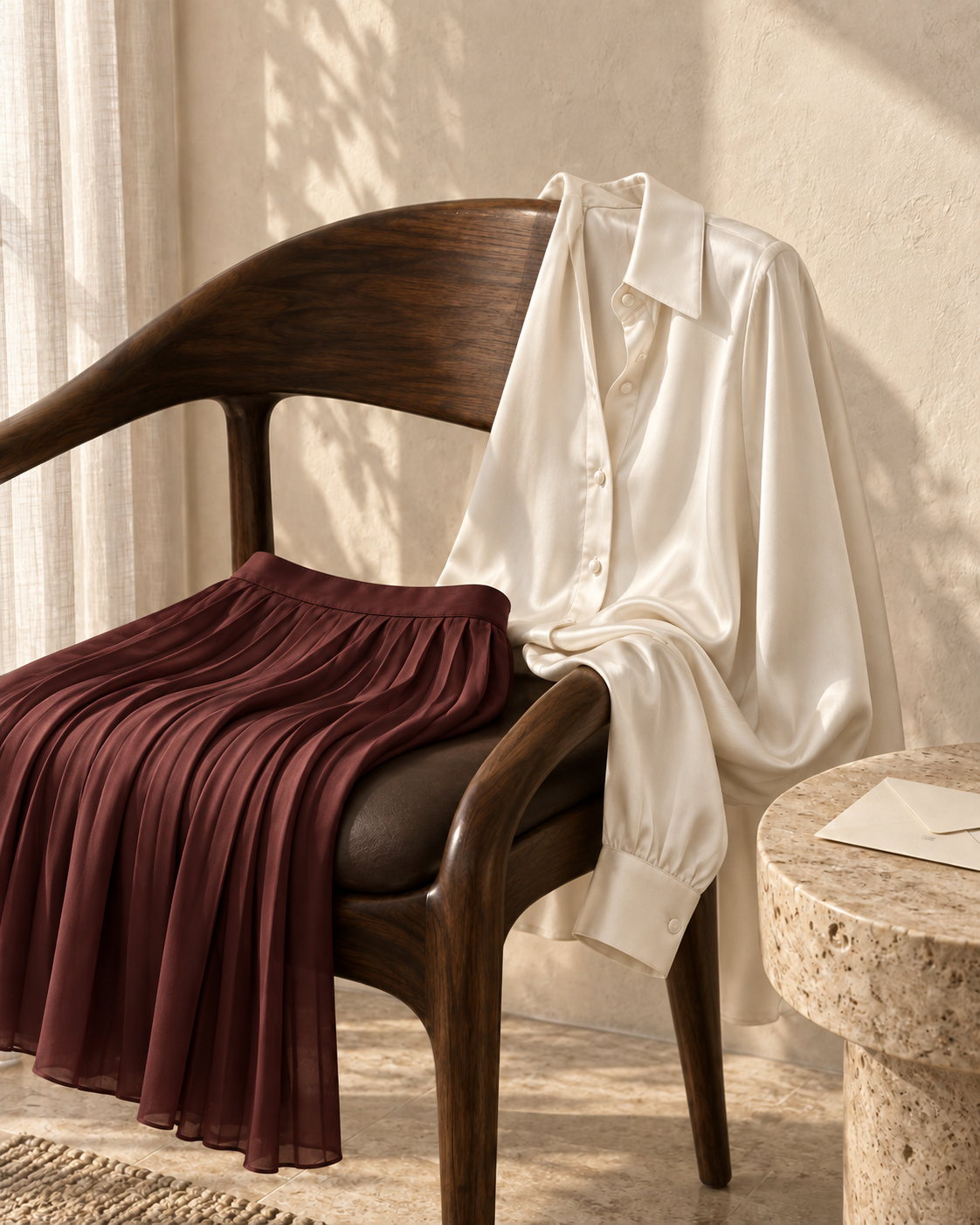 A burgundy pleated skirt and cream silk blouse over a wooden chair